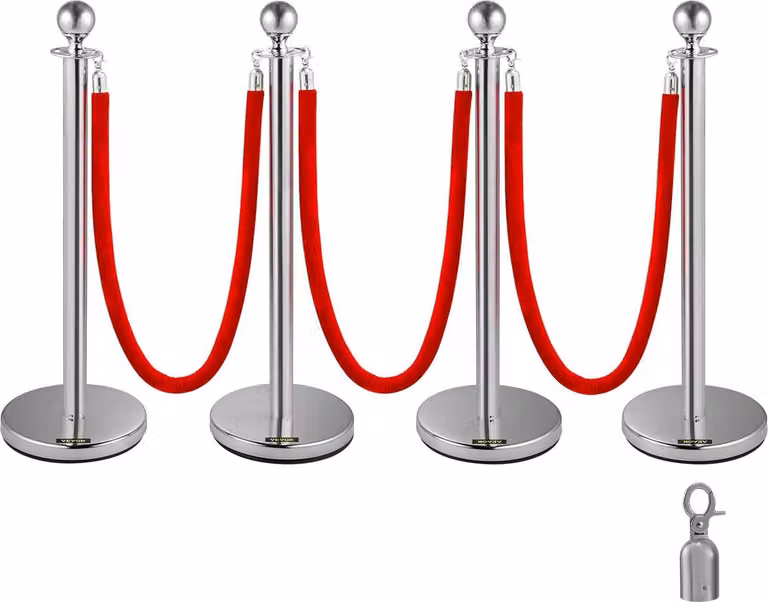 4 pezzi di pali retrattili con punta rotonda argentata per controllo delle code e delle folle, con 1,5 m di corda rossa in velluto