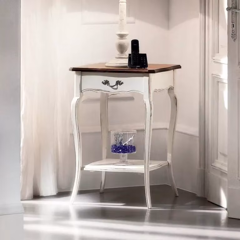 Consolle porta lampada in legno bicolore bianco e marrone stile shabby chic con 1 cassetto Mobili 2G L/P/H: 52 x 52 x 78 cm