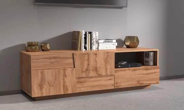 Porta TV PONGO 150 cm - Rovere Wotan, con ante, vano e cassetto