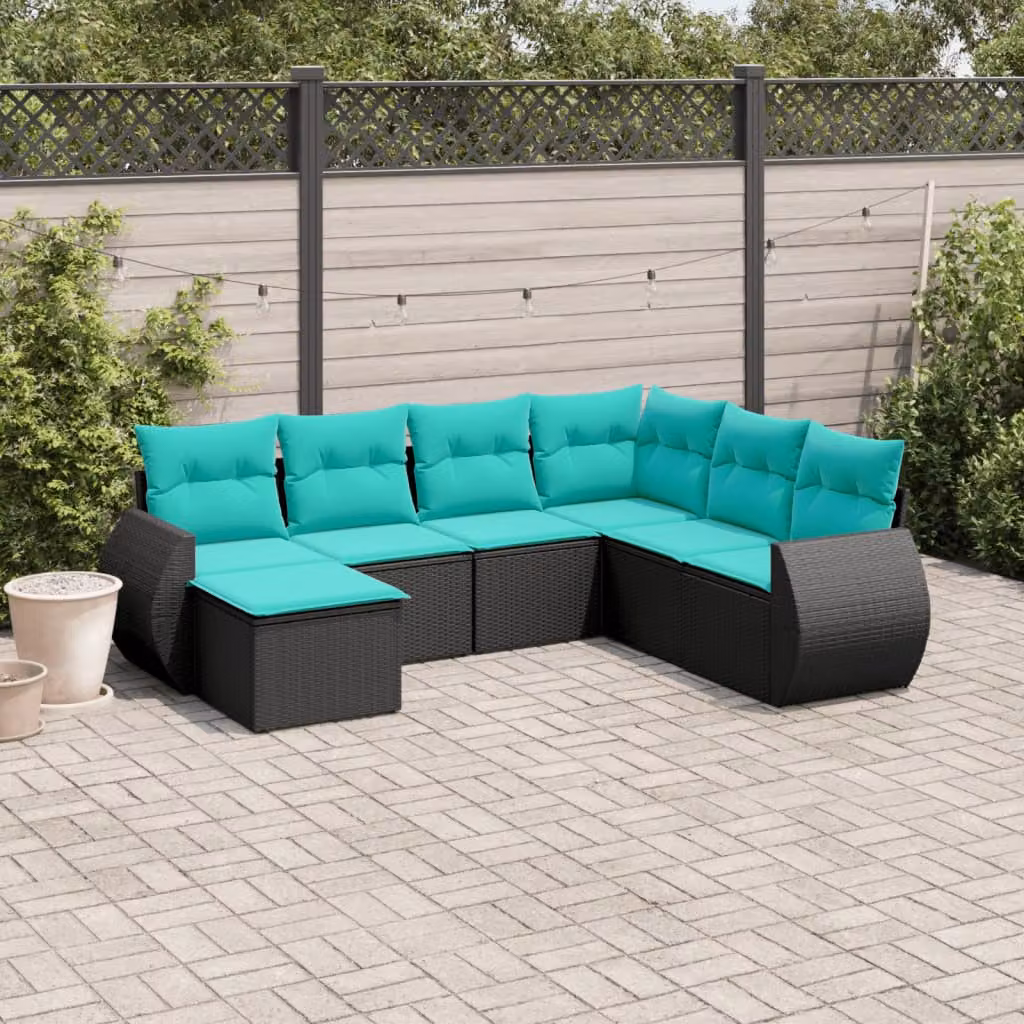 Set di divani da giardino vidaXL 7 pezzi con cuscini in polyrattan nero e struttura in metallo con forma a L