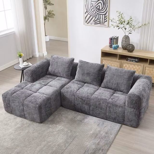 Divano angolare REDOM grigio con chaise longue a sinistra, design moderno in tessuto con cuscini inclusi, L/P/H: 250 x 158 x 60 cm