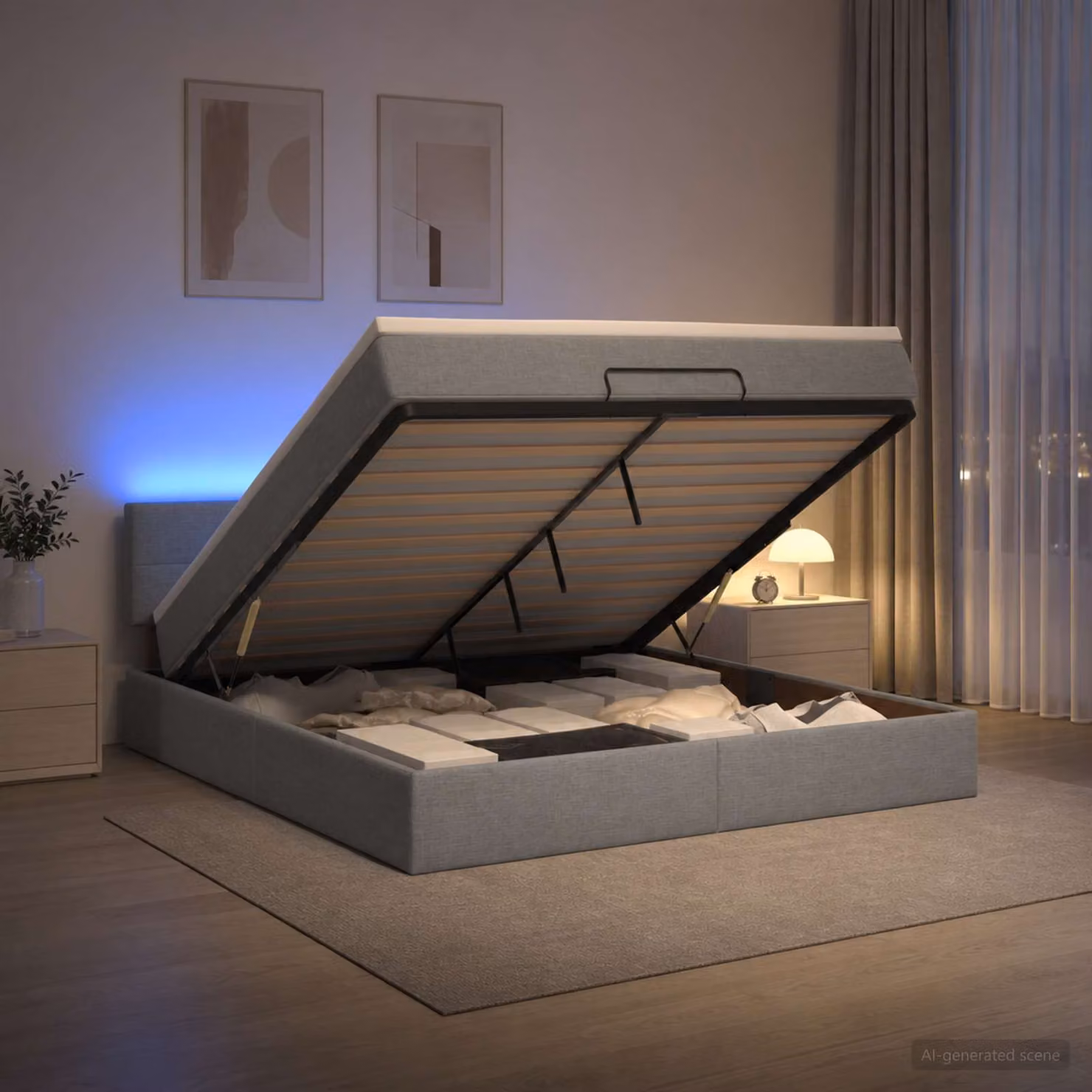 vidaXL Letto Ottomano con Materasso Ibrido e Illuminazione LED Grigio Chiaro L: 160 cm, P: 200 cm, H: 88 cm