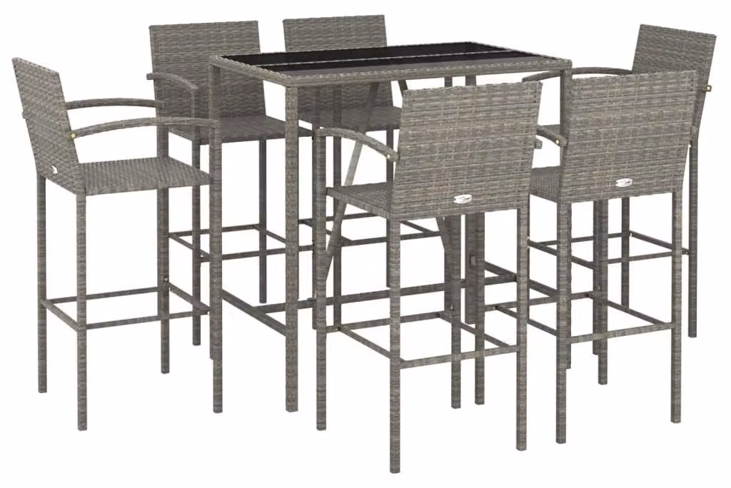 Set da giardino composto da 7 pezzi, colore grigio, realizzato in rattan sintetico