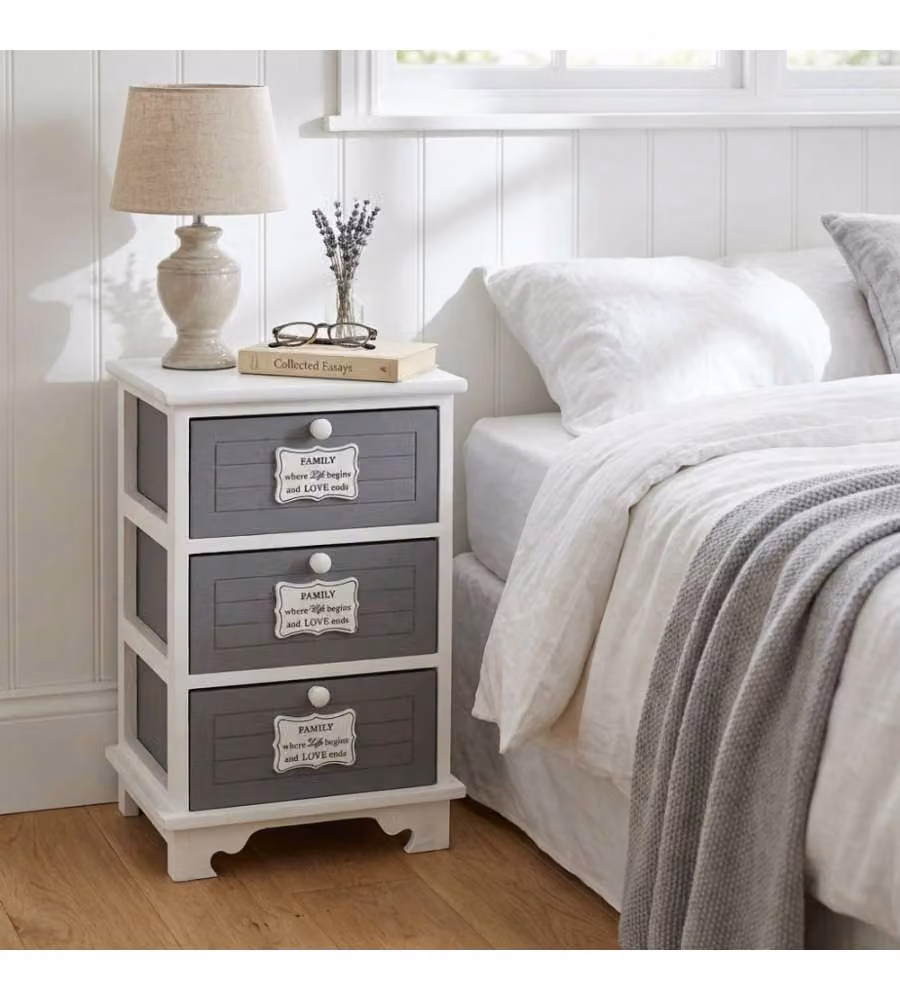 Cosma Mobiletto Beltran in Legno Grigio con 3 Cassetti in Stile Shabby Chic