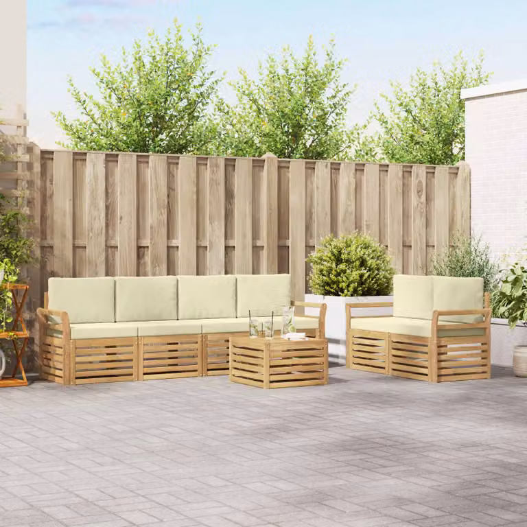 vidaXL Set di divani da esterno a L composto da 7 pezzi con tavolo da caffè, in legno di acacia e tessuto bianco e beige