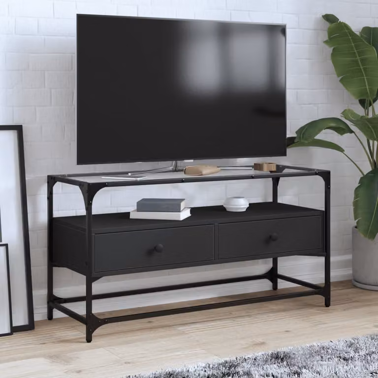 Mobile TV vidaXL in stile industriale con piano in vetro nero e legno multistrato, L 98 cm x P 35 cm x H 51 cm