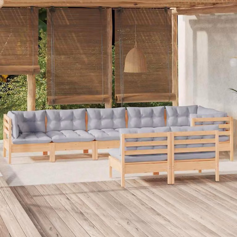 vidaXL Set Divani da Giardino 8 pz a Forma a L in Legno di Pino con Cuscini Grigi