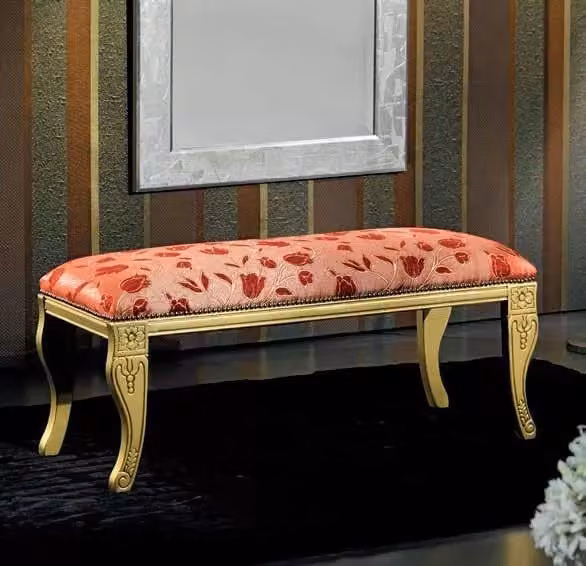 Panca imbottita in legno di faggio laccato oro con decoro floreale Mobili 2G L: 99 cm, P: 40 cm, H: 38 cm