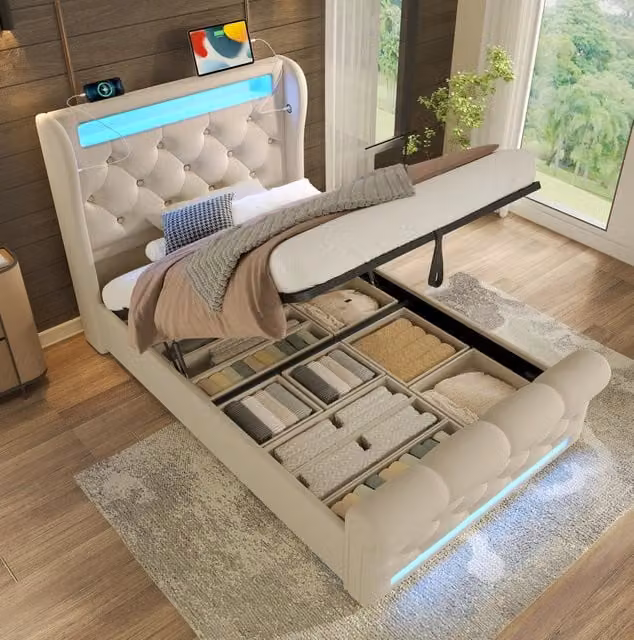 Letto 90x200 cm beige - LED, contenitore e USB/Type-C, con materasso