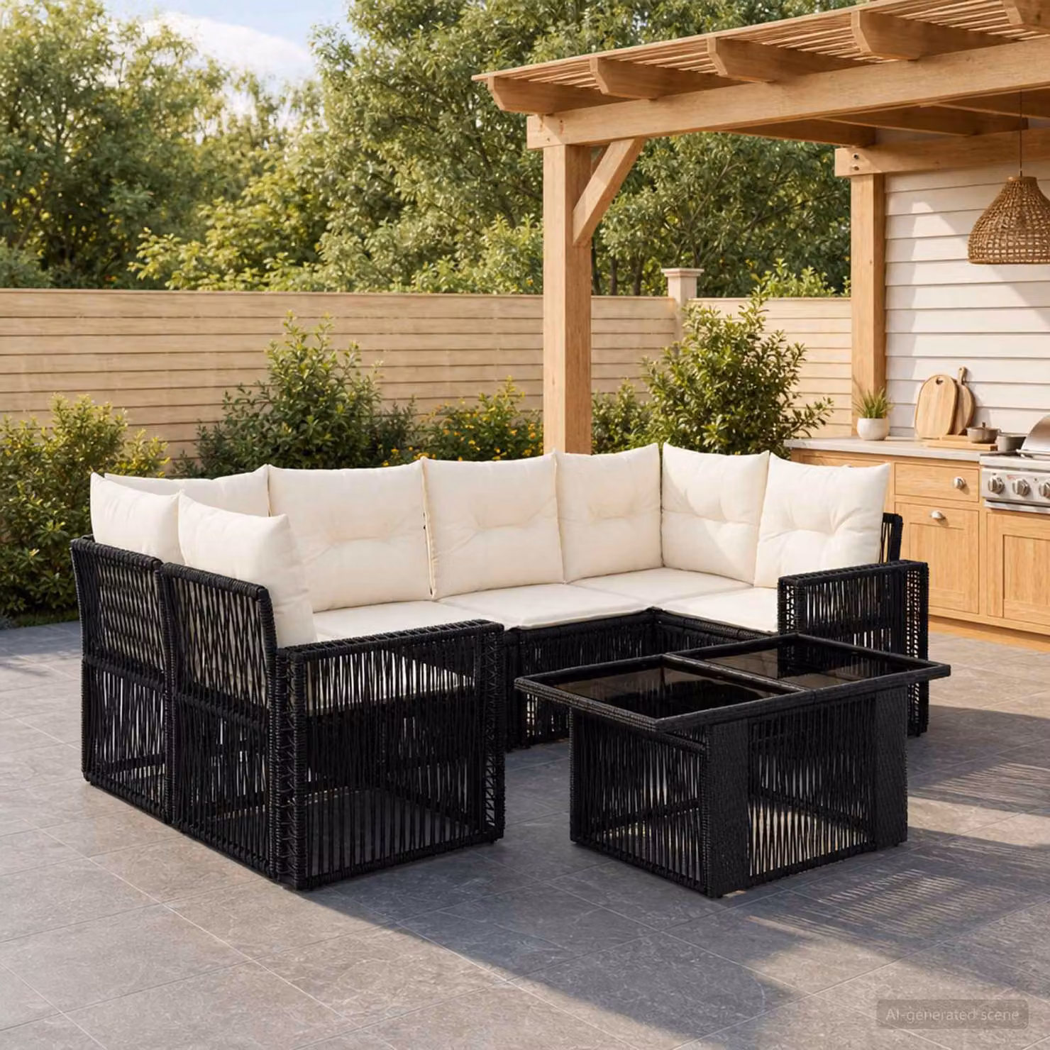 Set Divano da Giardino vidaXL 7 Pezzi Moderno in Polyrattan con Cuscini Nero e Bianco Crema