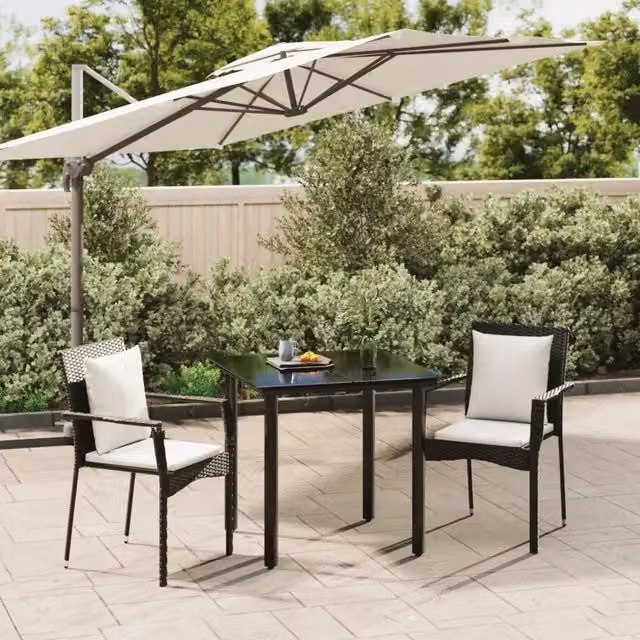 Set da pranzo da giardino vidaXL in polyrattan nero con cuscini e tavolo in vetro