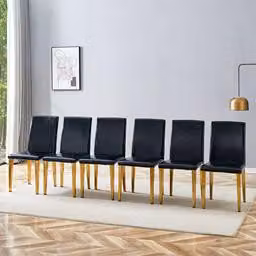 Set di 6 sedie da pranzo, design minimalista, rivestite in ecopelle, gambe in metallo, stile lussuoso e leggero (nero e oro)