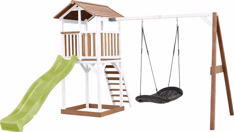 AXI Beach Tower parco giochi in legno in marrone e bianco | Torre di gioco con sabbiera, altalena a nido e scivolo verde lime | Casa per bambini su palafitte per il giardino