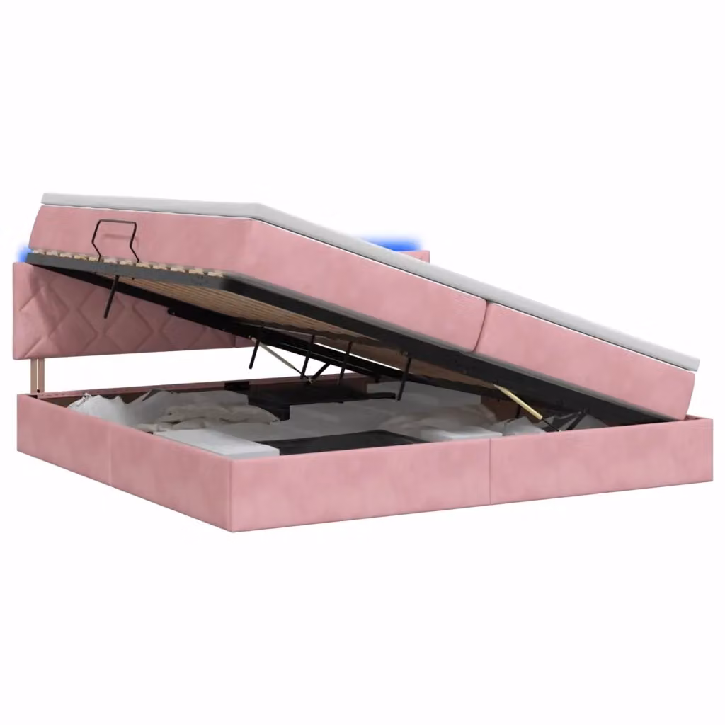 Letto con contenitore e illuminazione LED vidaXL in velluto rosa con materasso, L/P/H: 200 x 200 x 204 cm – 2