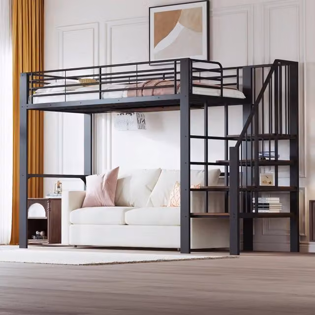 Letto a soppalco singolo moderno in metallo e legno con scala e vani contenitivi, nero, L/P/H: 200 x 90 x 169 cm