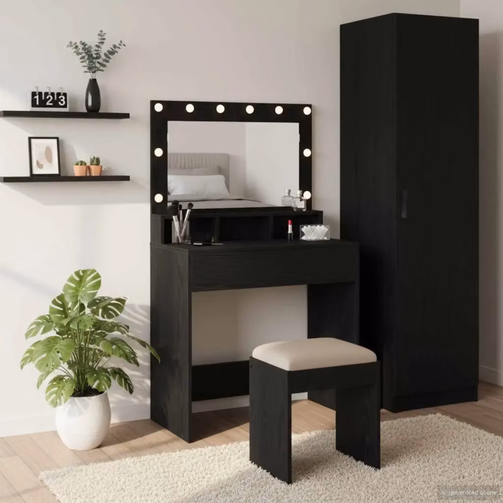 Toeletta con scaffale e specchio Hollywood LED in Rovere Nero, L 75,5 cm x P 41 cm x H 135 cm – 2