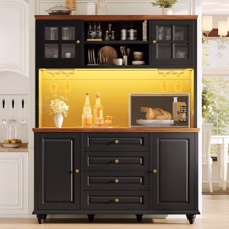 Mobiletto da cucina Flieks con illuminazione RGB a LED, portabicchieri in metallo, credenza con gambe in legno di gomma, mobiletto alto, adatto per cucina e soggiorno, colore nero