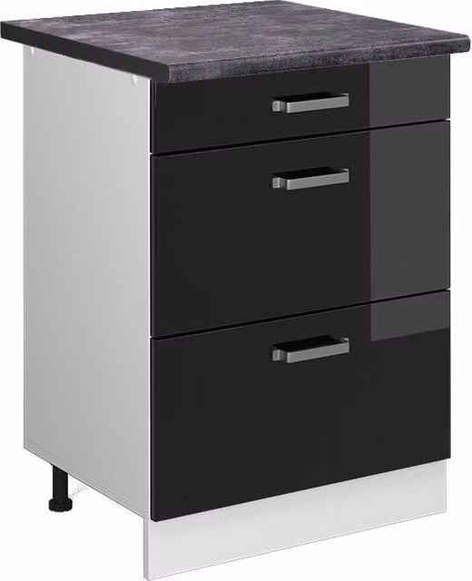 Mobiletto base per cucina R-Line Nero lucido/Bianco 60 cm con cassetti, PL Antracite Vicco