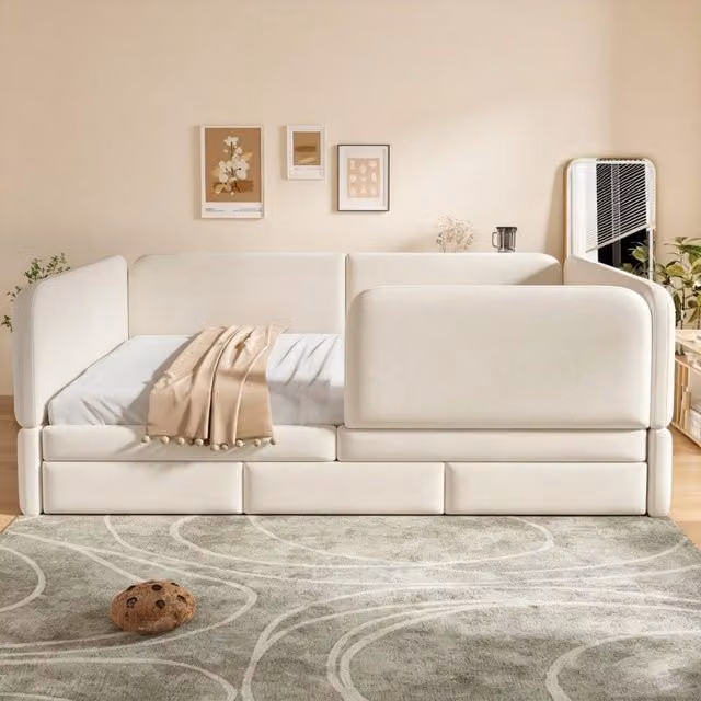 Letto per bambini imbottito 140x200 cm con 3 cassetti; protezione imbottita e bordi arrotondati; velluto beige