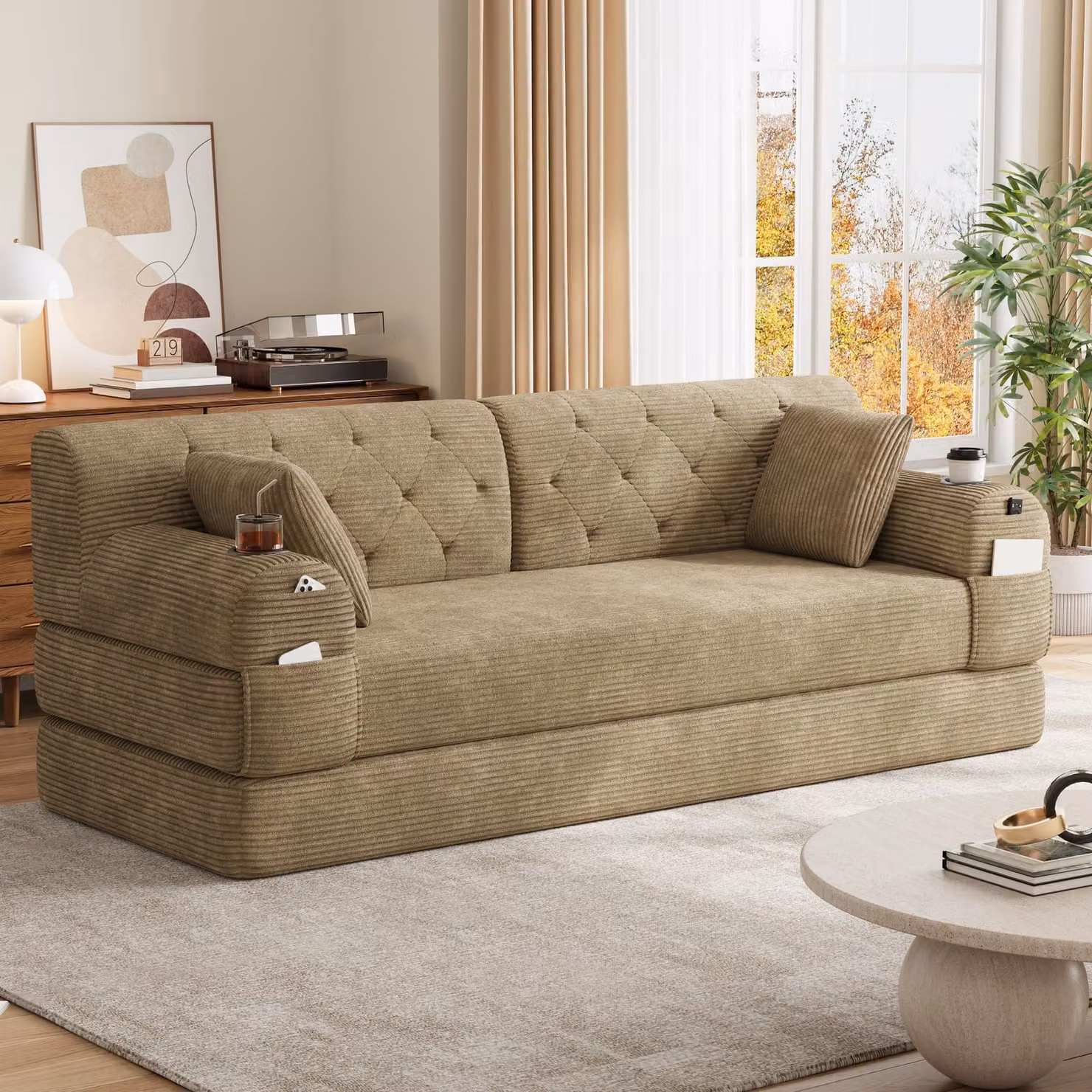 Divano letto a tre posti in tessuto corduroy, divano relax con funzione letto per ospiti, divano lounge a tre posti con schienale alto, dotato di 2 portabicchieri e 4 tasche laterali – color kaki