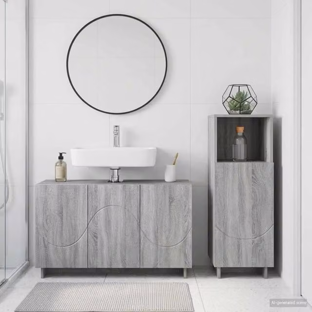 Set mobili da bagno moderno vidaXL composto da mobile lavabo e mobile contenitore in legno MDF grigio opaco L/P/H: 101 x 41 x 58 cm – 1