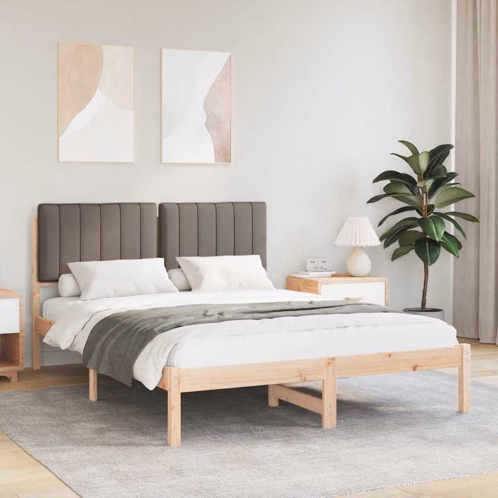 Letto con Testiera Rivestita vidaXL in Pino Massello, Colore Beige o Grigio, L/P/H: 140 x 190 cm – 1
