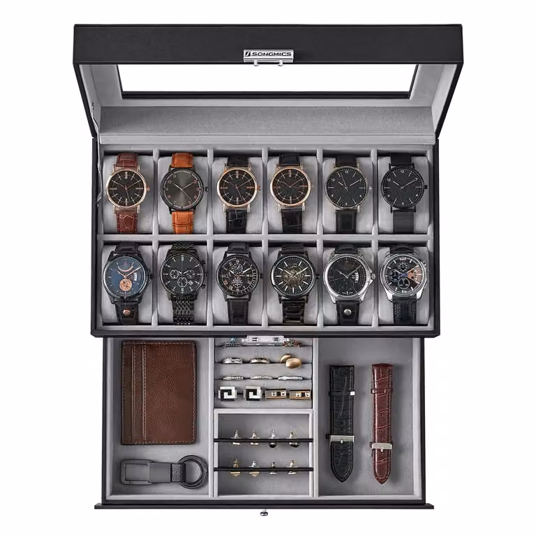 Scatola Portaorologi a 2 Ripiani, Superficie In Pu Nera + Interno Grigio