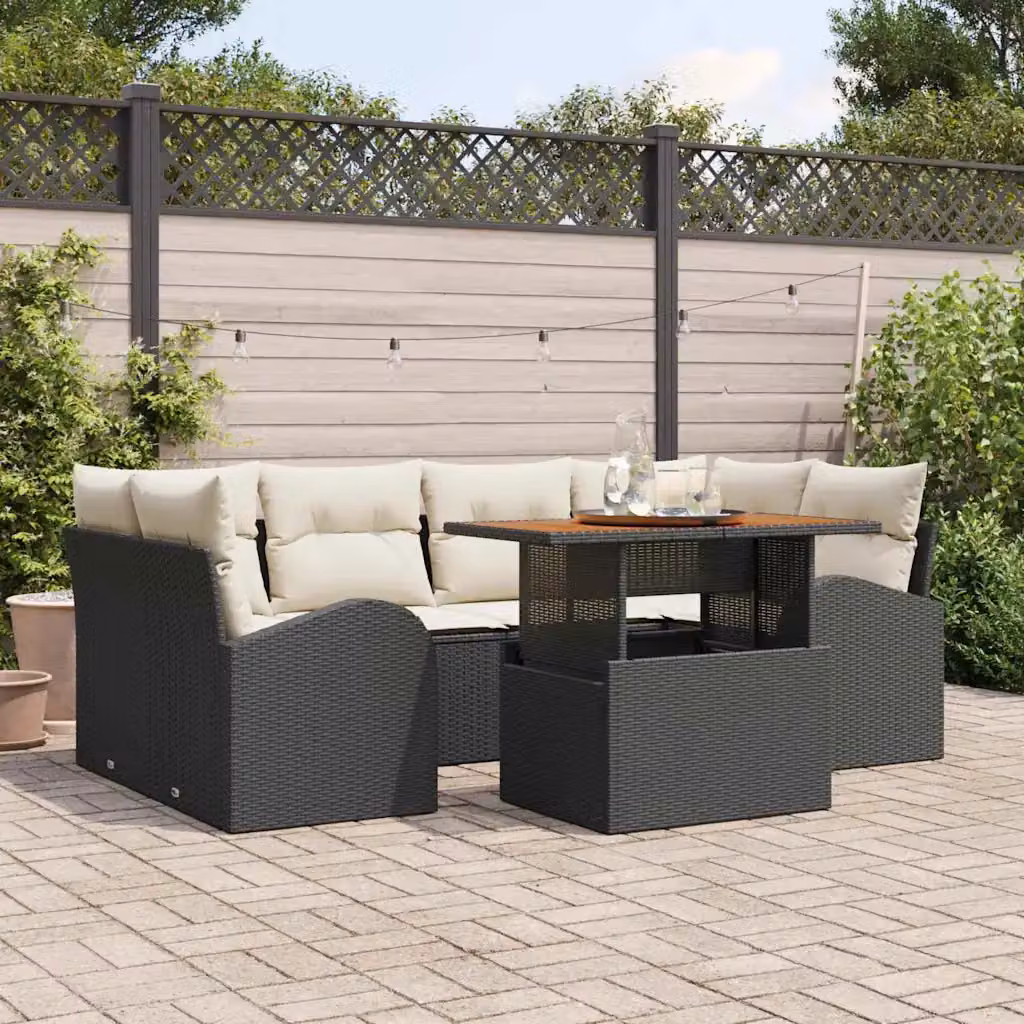 Set Divano da Giardino vidaXL 7 pz in Polyrattan e Legno di Acacia Nero e Beige – 1