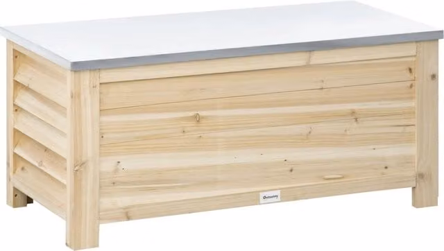 Baule da esterno in legno di abete con coperchio in metallo e 2 ammortizzatori, capacità 155L, color marrone, L 110 x P 50 x H 50 cm