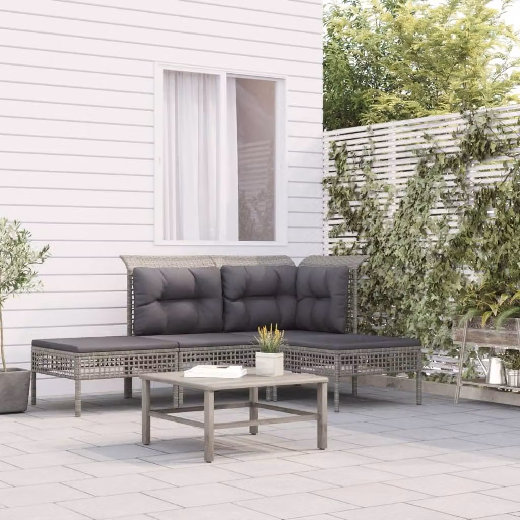 The Living Store Set salotto da giardino 4 pezzi con cuscini in poly rattan grigio