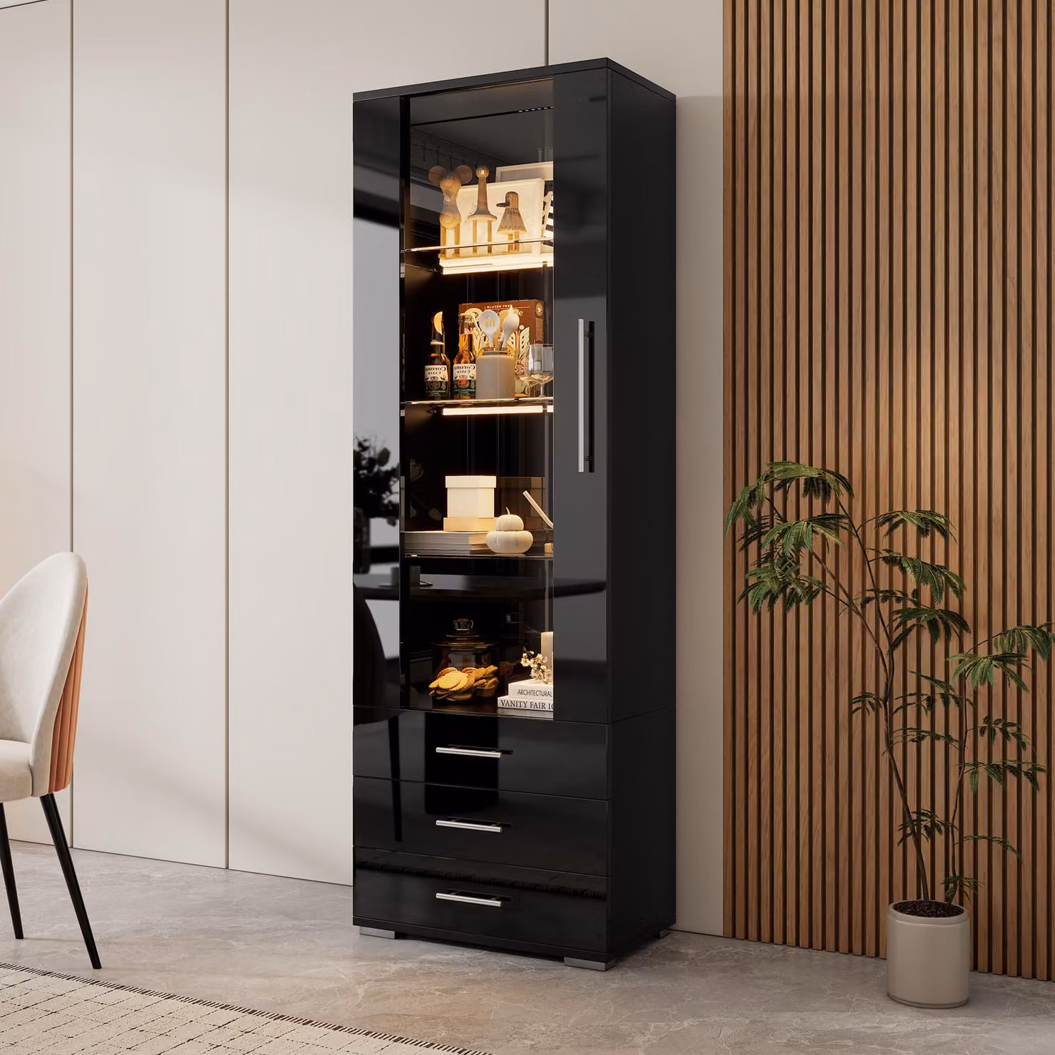 okwish Vetrina in vetro lucido, mobile alto con illuminazione a LED e 3 cassetti, vetrina indipendente per stoccaggio e presentazione, nero