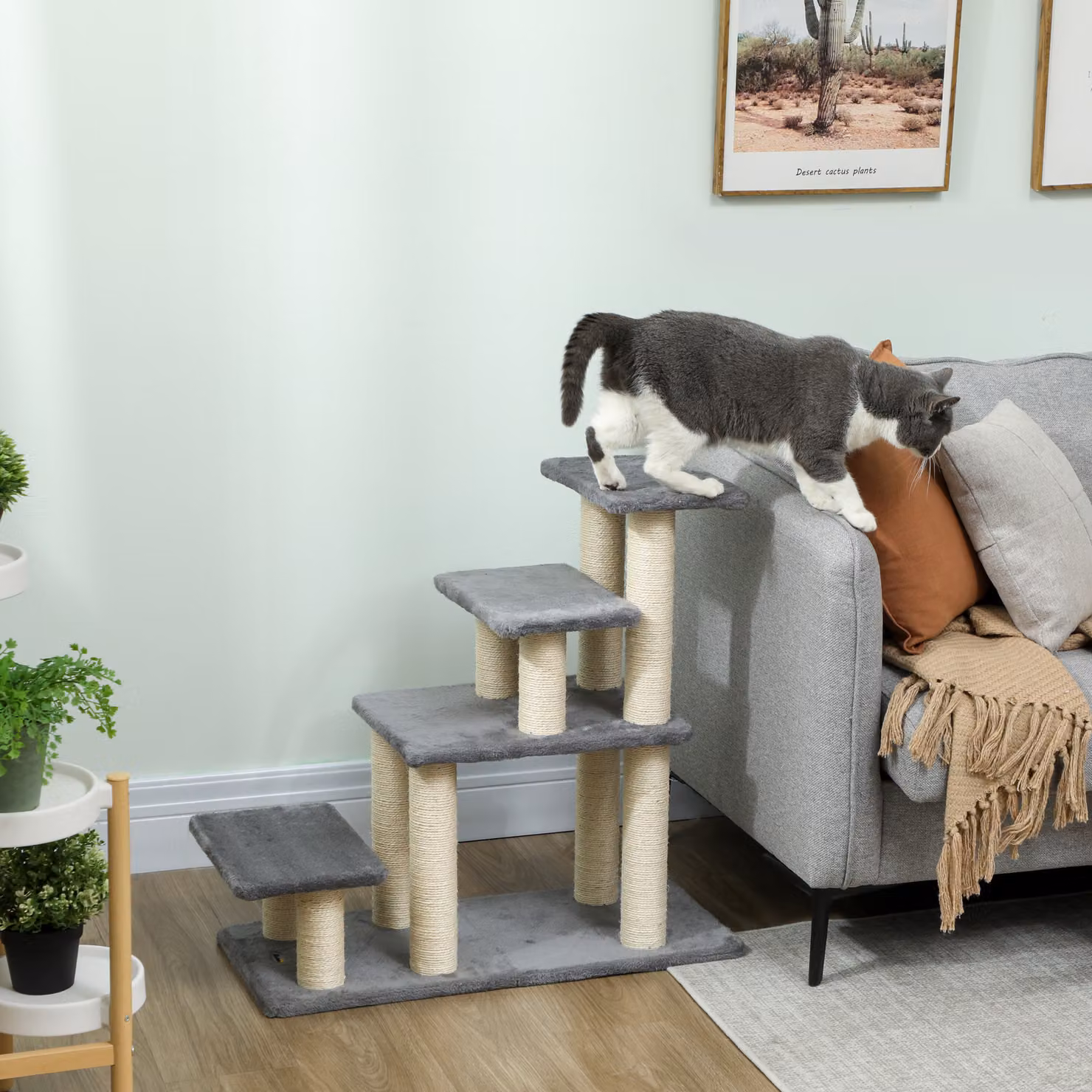 Scala per gatti PawHut regolabile con 4 gradini in sisal, gioco integrato e tiragraffi, Grigio, L 70 x P 32 x H 68 cm – 2