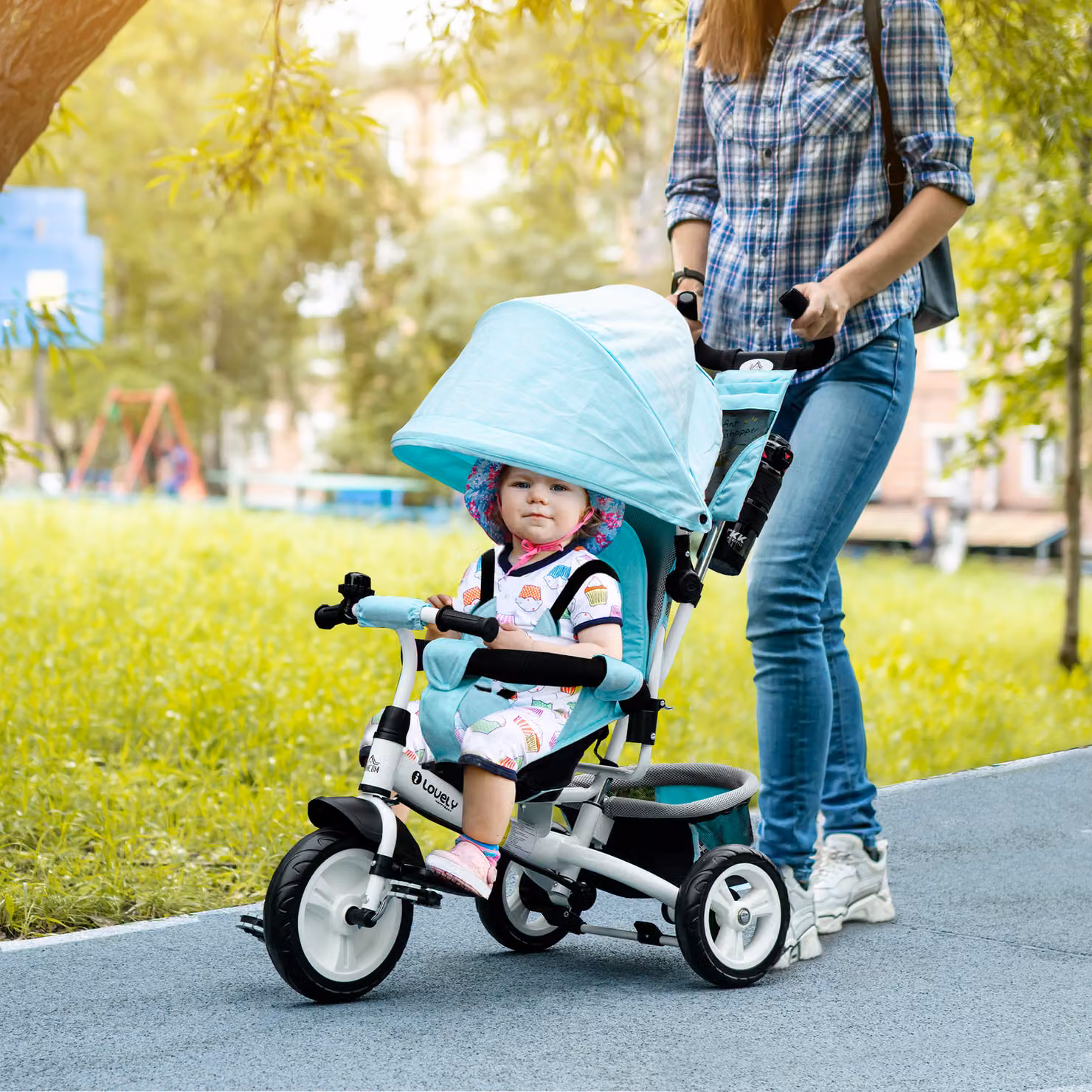Triciclo per bambini HOMCOM con maniglia spingi estraibile, borsetta e portabottiglie, verde menta, per età superiore a 12 mesi – 2