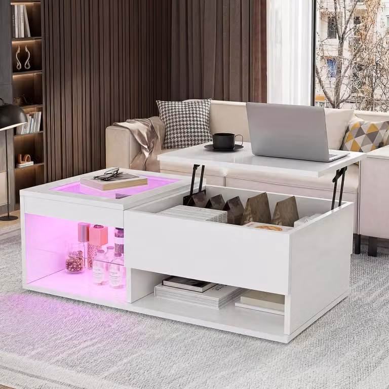 Tavolino ProximaX lucido con inserto in vetro, illuminazione a LED RGB, design Lift-Top, vano portaoggetti, telecomando, bianco