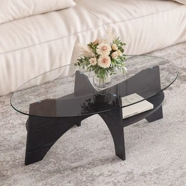 Tavolino basso con piano in vetro temperato e struttura a ventaglio in MDF, per soggiorno, nero, 104,9 × 60 × 35,6 cm