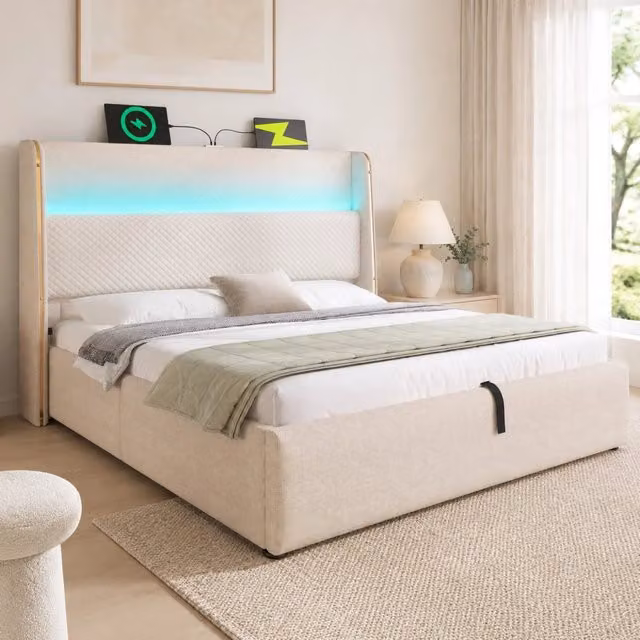 Letto matrimoniale ULEVR 180x200 cm con contenitore idraulico, LED, USB e Type-C, rivestimento beige effetto lino