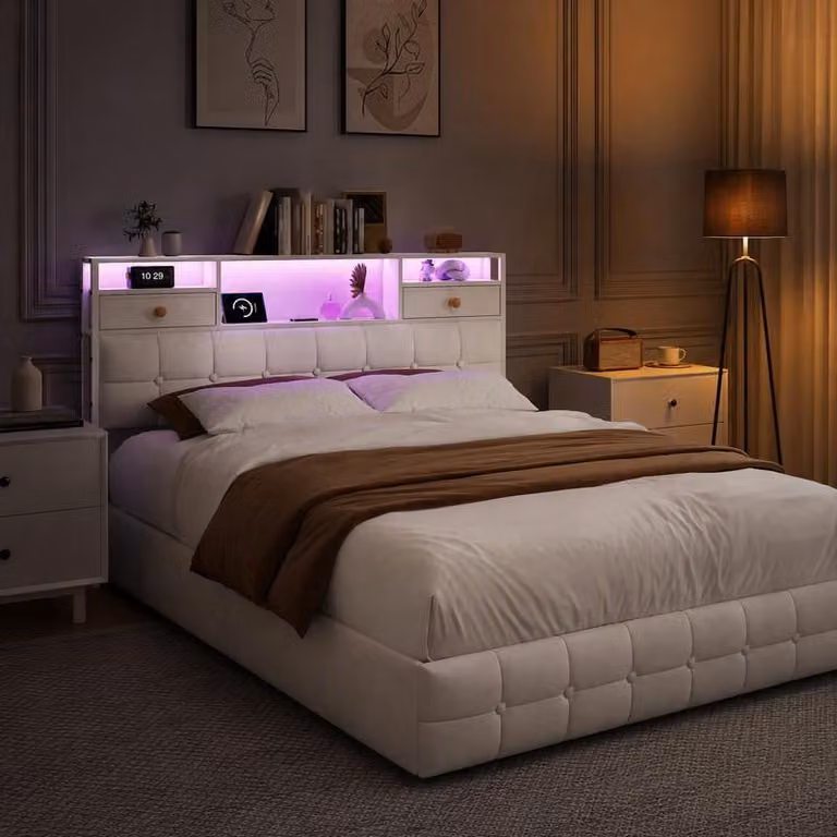 Letto imbottito UnboxG, 140 x 200 cm, beige, con sistema di sollevamento idraulico per lo spazio contenitivo, testiera multifunzionale, cassetti e ripiani, illuminazione LED, prese di ricarica USB-A e USB-C, rete a doghe, rivestimento in velluto