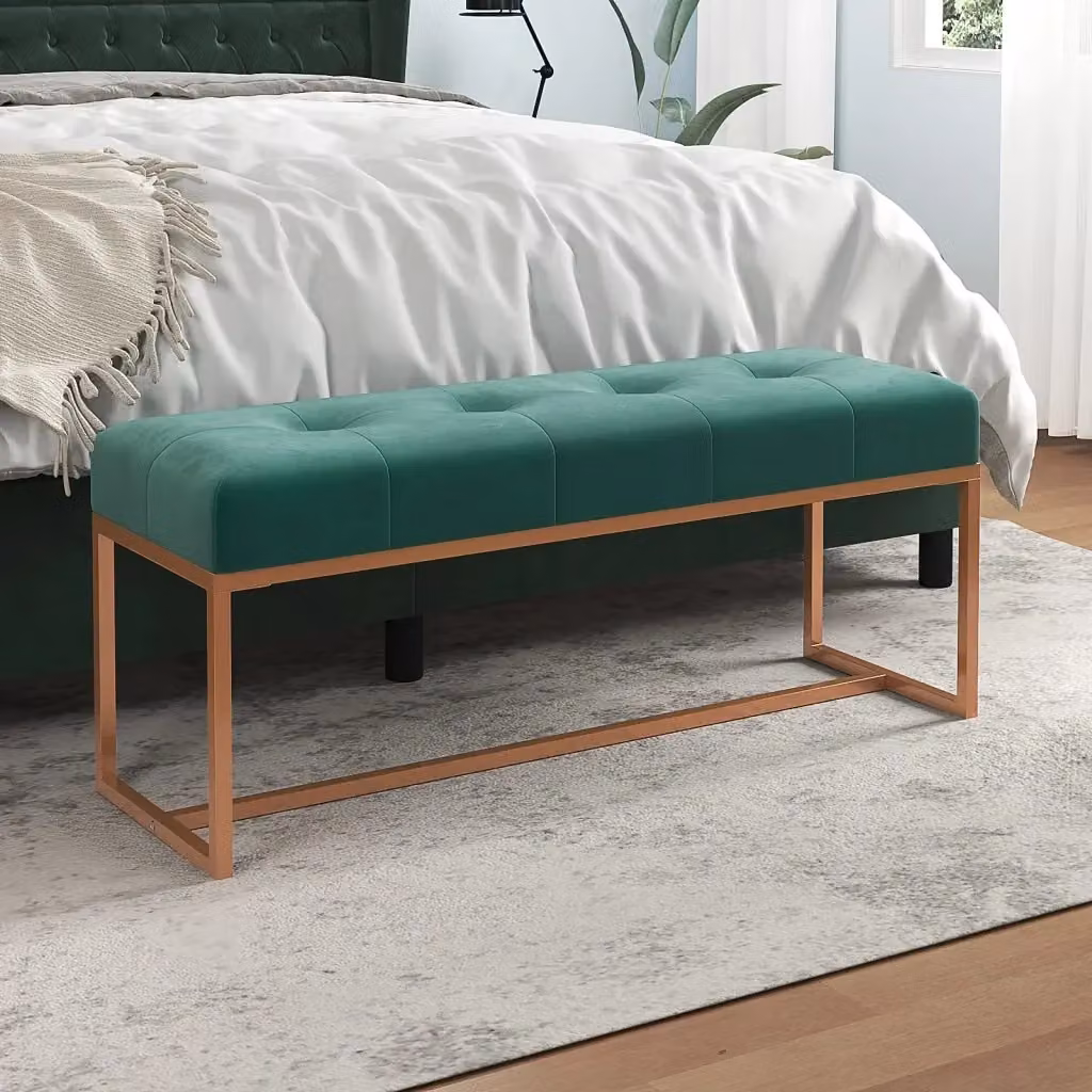 Panca moderna in velluto verde scuro con struttura in legno e metallo L: 110 cm, P: 36 cm, H: 45 cm – 2