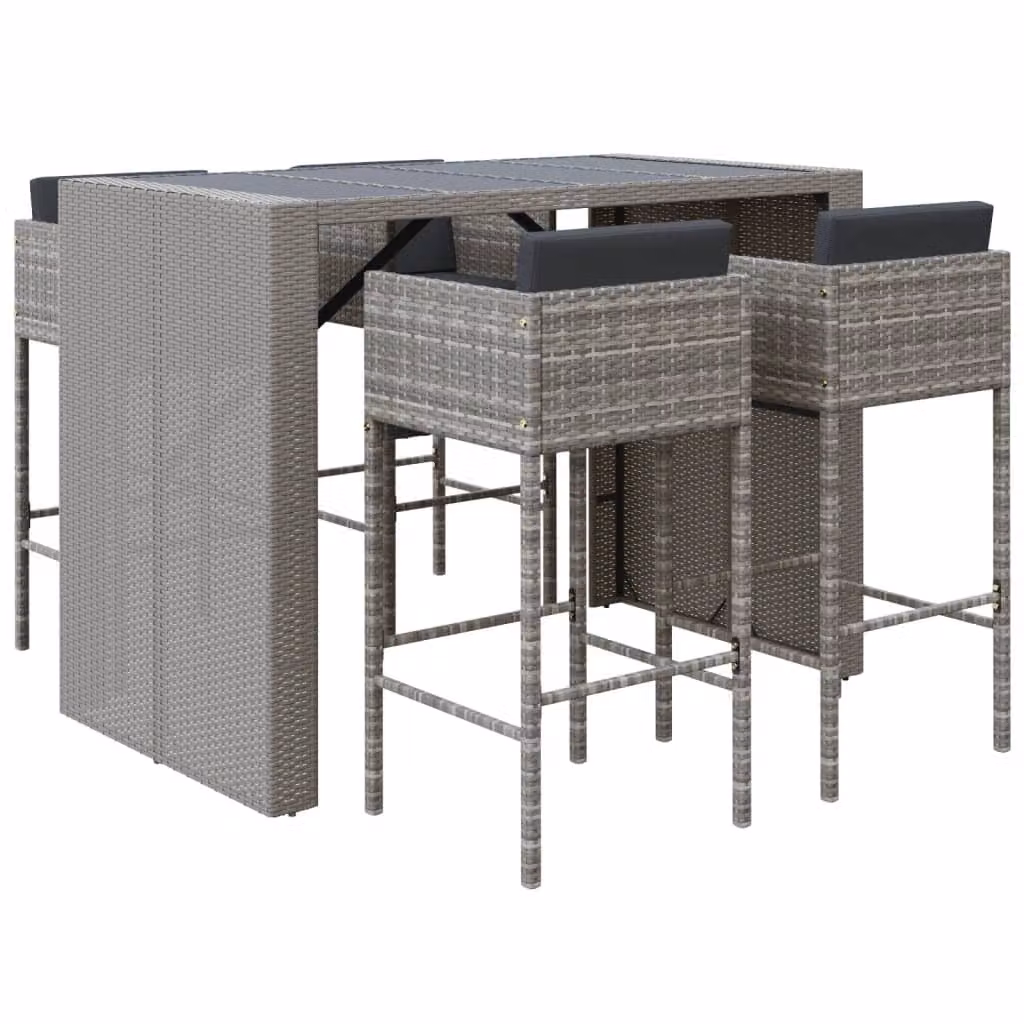 Set Bar da Giardino 5 pz con Cuscini in Polyrattan Grigio