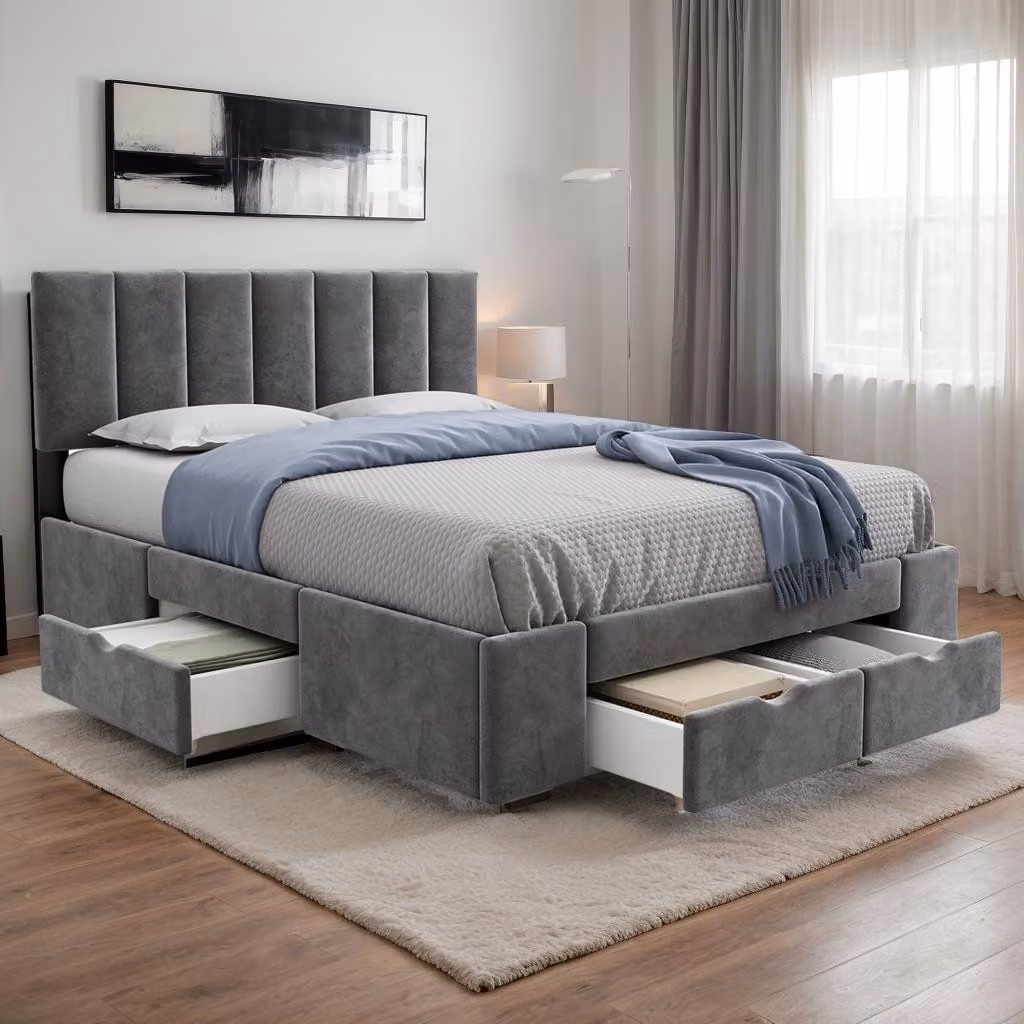 Letto imbottito Sweiko 140 x 200 cm, con rete a doghe, con schienale, con 4 cassetti, grigio