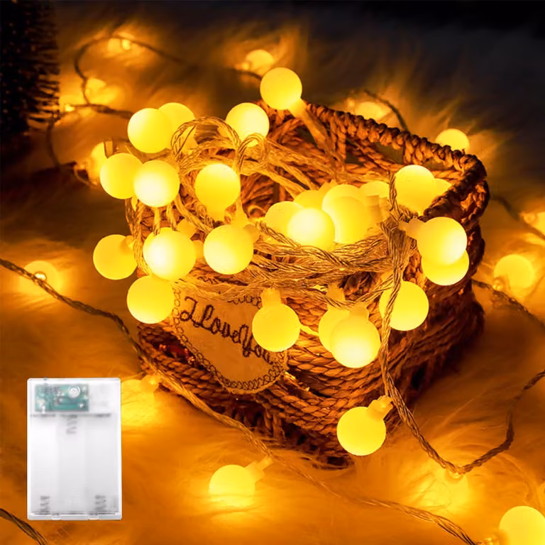Catena luminosa a LED con 40 sfere bianche calde, lunghezza 6 metri, alimentazione a batteria