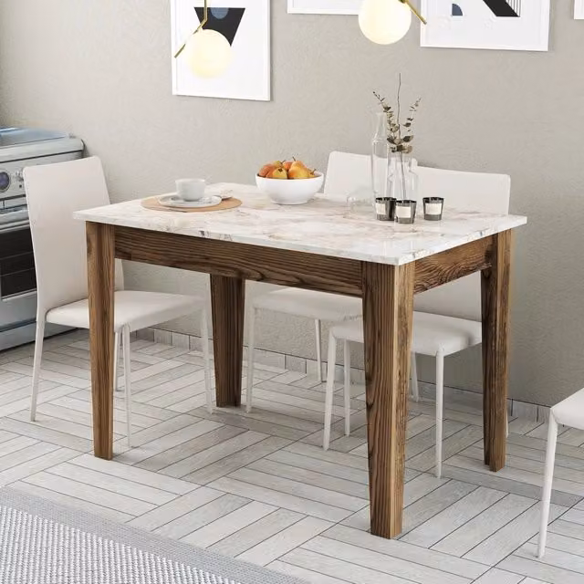 Tavolo rettangolare moderno DMORA per 6 persone con piano in marmo bianco e struttura in legno marrone, L: 110 cm, P: 72 cm, H: 75 cm – 1