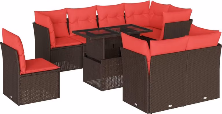 Set Divani da Giardino 9 pz con Cuscini Marrone in Polyrattan