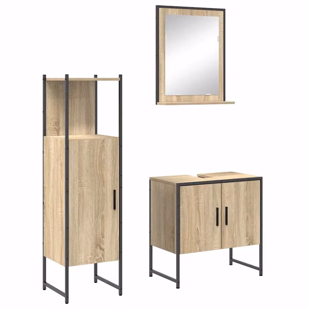 Set di mobili da bagno moderno vidaXL in legno e metallo, composto da mobile sottolavabo, armadietto alto e pensile con specchio, colore marrone e nero, L/P/H: 60 x 33 x 60 cm – 2