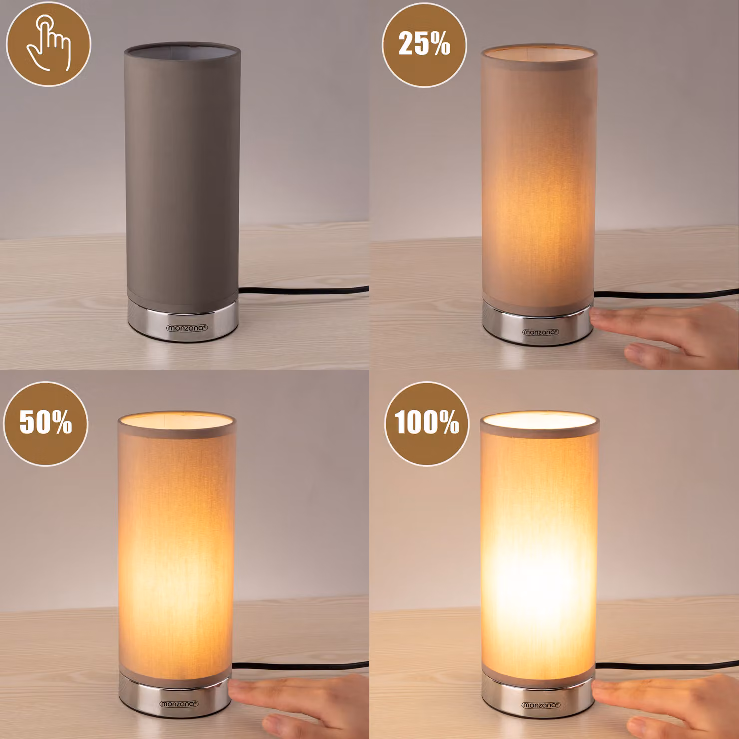 Set da 2 lampade da tavolo LED Monzana Papavero, dimmerabili, colore grigio con dettagli cromati e paralume in tessuto beige – 3