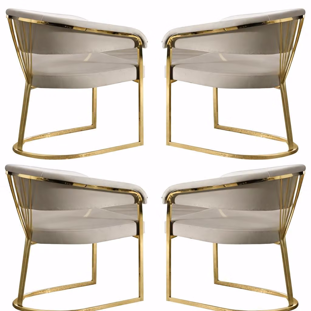 4 eleganti sedie con rivestimento in tessuto bianco e struttura color oro