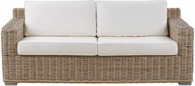 Divano da giardino Beliani in rattan marrone con cuscini bianchi rimovibili per esterni a 2 posti