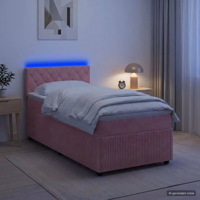 Letto box spring con materasso ibrido vidaXL in velluto rosa e bianco con base contenitore e porta USB L: 200 cm, P: 80 cm