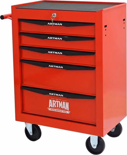 Mobile contenitore Chicfurn in acciaio con 5 cassetti, ruote e chiusura a chiave per officina e garage, rosso e nero, L: 77,5 cm, P: 33 cm, H: 60 cm – 1