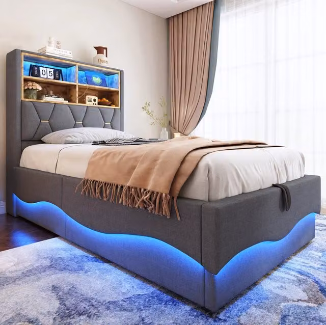 Letto imbottito 90x200 cm con contenitore; LED e USB in lino e metallo grigio